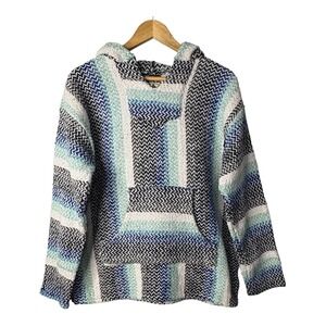 Baja Joe Earth Ragz‎ Mexican Hoodie Striped Pullover Blue Poncho Size Large